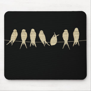 Birds On A Wire Black Beige Custom Design Mouse Mat