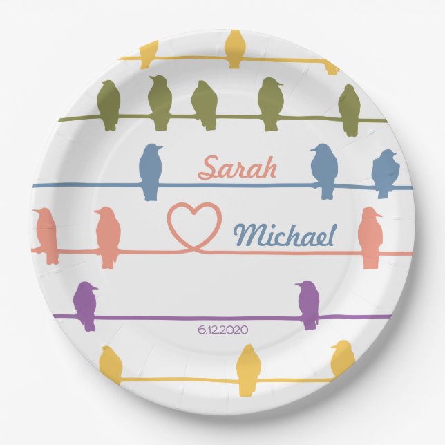 Birds on a wire w/a Romantic twist. SPRING colours Paper Plate (Front)