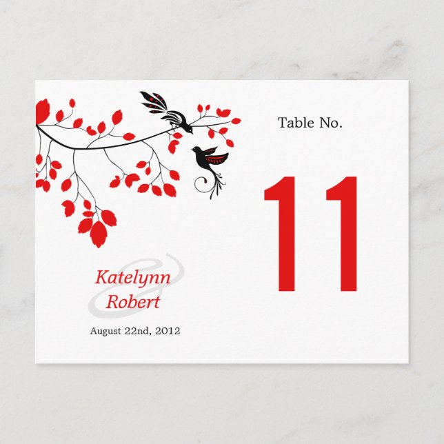Birds on Branch Red & Black Table Number Card (Back)