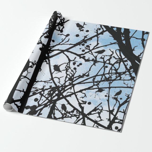 Birds on Branches and Blue Sky Silhouette Modern Wrapping Paper (Unrolled)