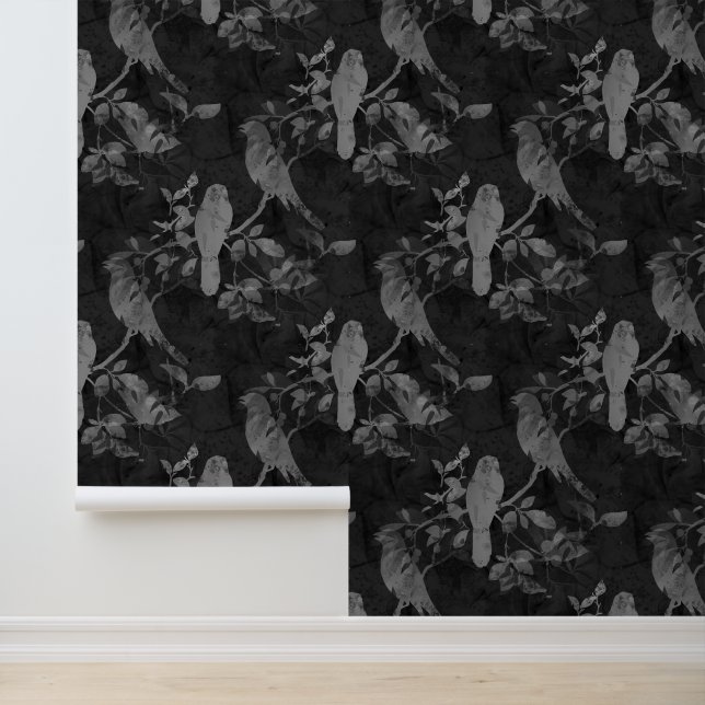 Birds on Branches Leaves Black Grey Wallpaper (Application)