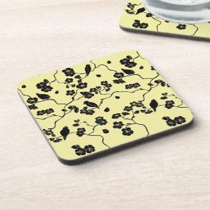 Birds on Cherry Blossoms Black on Lemon Yellow Coaster