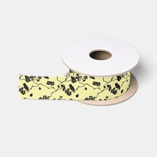 Birds on Cherry Blossoms Black on Lemon Yellow Satin Ribbon