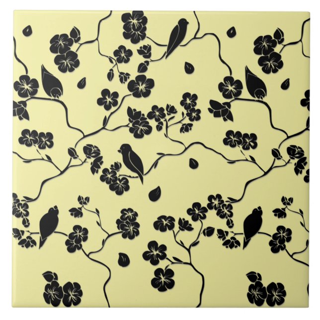 Birds on Cherry Blossoms Black on Lemon Yellow Tile (Front)
