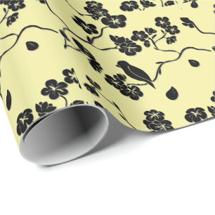 Birds on Cherry Blossoms Black on Lemon Yellow Wrapping Paper