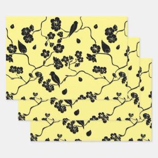 Birds on Cherry Blossoms Black on Lemon Yellow Wrapping Paper Sheet
