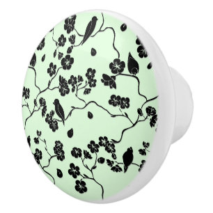 Birds on Cherry Blossoms Black on Mint Green Ceramic Knob