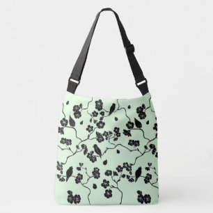 Birds on Cherry Blossoms Black on Mint Green Crossbody Bag
