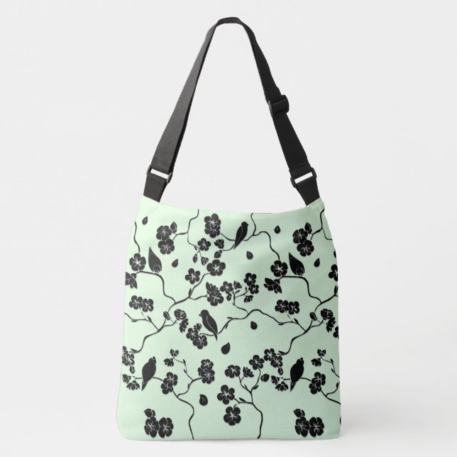 Birds on Cherry Blossoms Black on Mint Green Crossbody Bag (Front)
