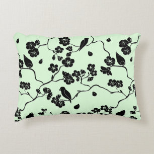 Birds on Cherry Blossoms Black on Mint Green Place Decorative Cushion