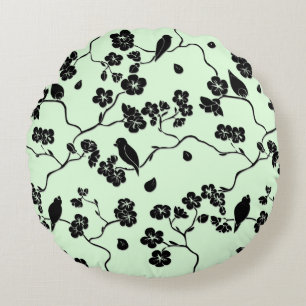 Birds on Cherry Blossoms Black on Mint Green Round Cushion