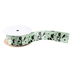 Birds on Cherry Blossoms Black on Mint Green Satin Ribbon