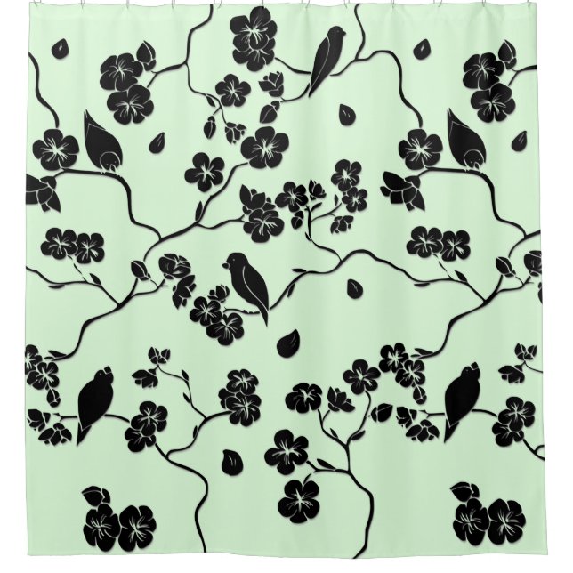 Birds on Cherry Blossoms Black on Mint Green Shower Curtain (Front)