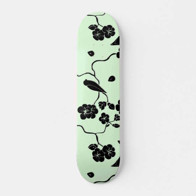 Birds on Cherry Blossoms Black on Mint Green Skateboard (Front)
