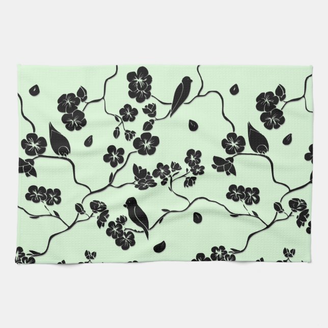Birds on Cherry Blossoms Black on Mint Green Tea Towel (Horizontal)