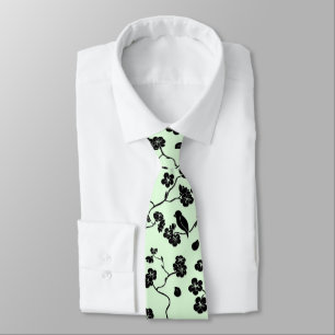 Birds on Cherry Blossoms Black on Mint Green Tie