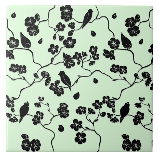 Birds on Cherry Blossoms Black on Mint Green Tile (Front)