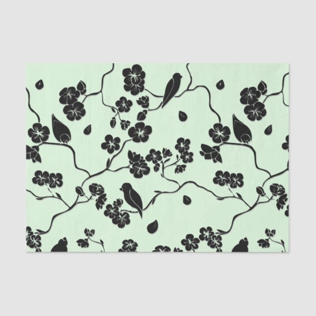 Birds on Cherry Blossoms Black on Mint Green Tissue Paper (Front)