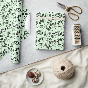 Birds on Cherry Blossoms Black on Mint Green Wrapping Paper