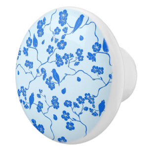 Birds on Cherry Blossoms Blue on Blue Ceramic Knob