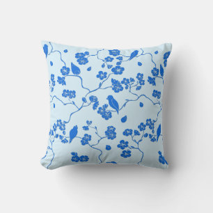 Birds on Cherry Blossoms Blue on Blue Cushion