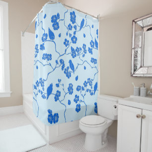 Birds on Cherry Blossoms Blue on Blue Shower Curtain