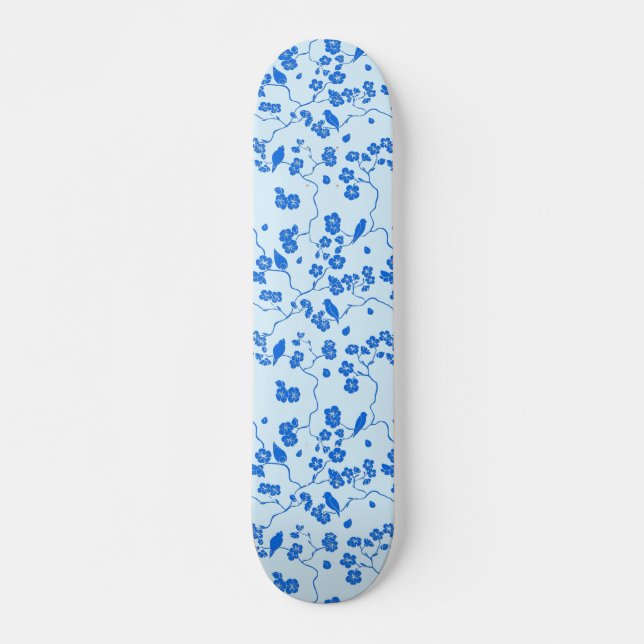 Birds on Cherry Blossoms Blue on Blue Skateboard (Front)