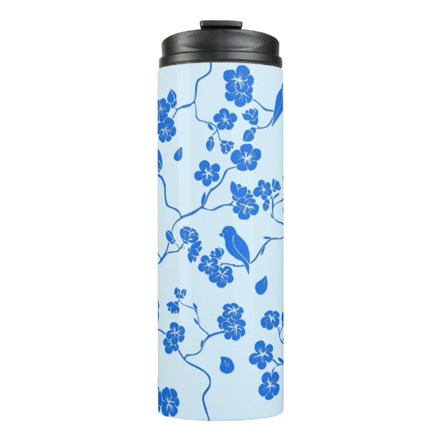 Birds on Cherry Blossoms Blue on Blue Thermal Tumbler (Front)