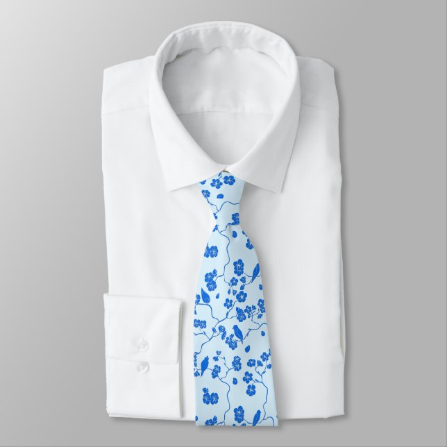 Birds on Cherry Blossoms Blue on Blue Tie (Tied)