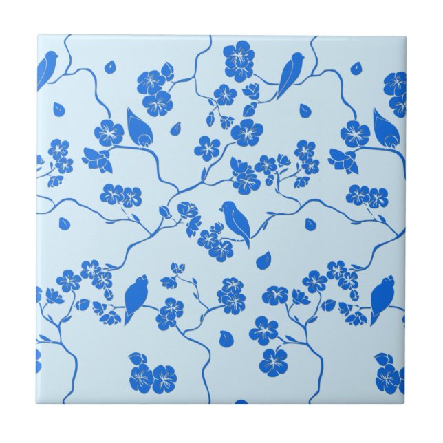 Birds on Cherry Blossoms Blue on Blue Tile (Front)