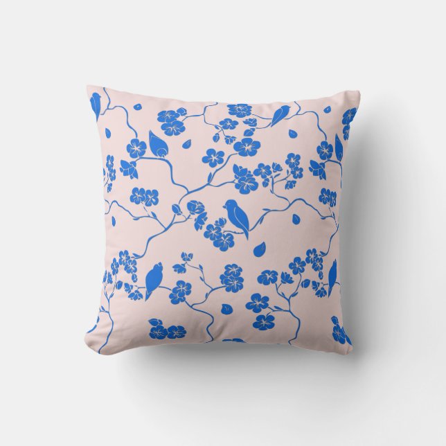 Birds on Cherry Blossoms Blue on Blush Cushion (Front)