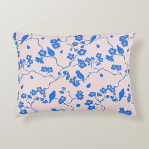 Birds on Cherry Blossoms Blue on Blush Decorative Cushion