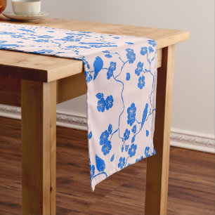 Birds on Cherry Blossoms Blue on Blush Medium Table Runner