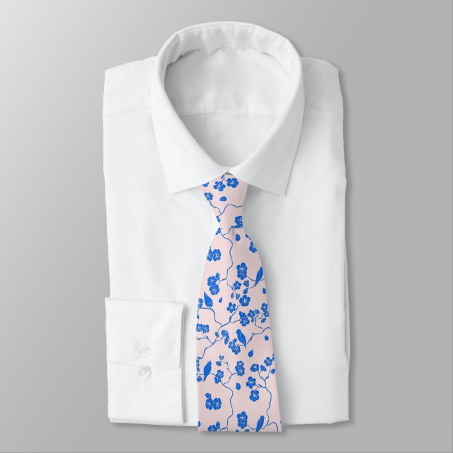 Birds on Cherry Blossoms Blue on Blush Tie (Tied)
