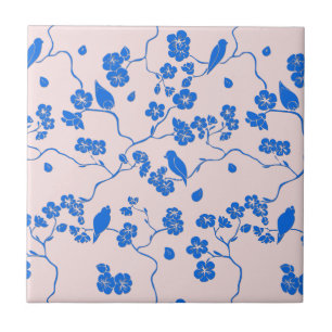 Birds on Cherry Blossoms Blue on Blush Tile