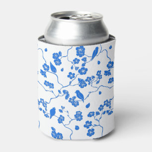 Birds on Cherry Blossoms Blue Print Can Cooler