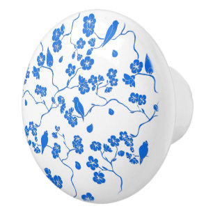 Birds on Cherry Blossoms Blue Print Ceramic Knob