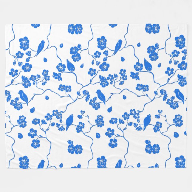 Birds on Cherry Blossoms Blue Print Fleece Blanket (Front (Horizontal))