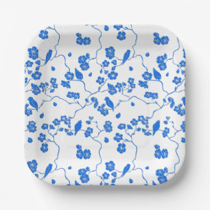 Birds on Cherry Blossoms Blue Print Paper Plate