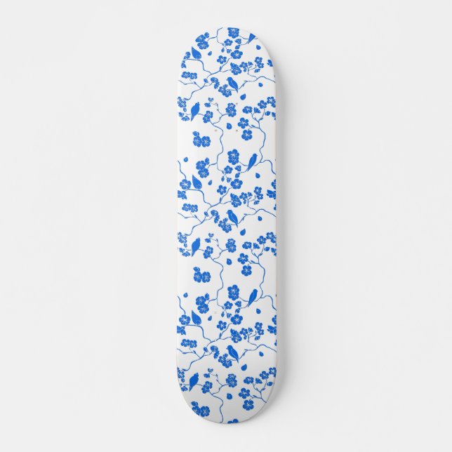 Birds on Cherry Blossoms Blue Print Skateboard (Front)