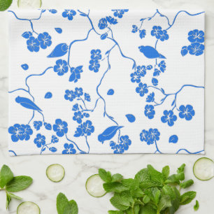 Birds on Cherry Blossoms Blue Print Tea Towel