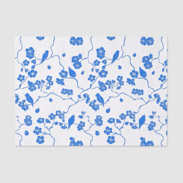 Birds on Cherry Blossoms Blue Print Tissue Paper (Front)