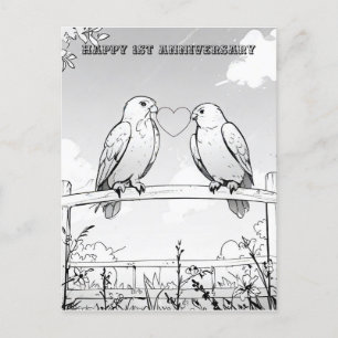 birds on fence anniversary colouring postcard