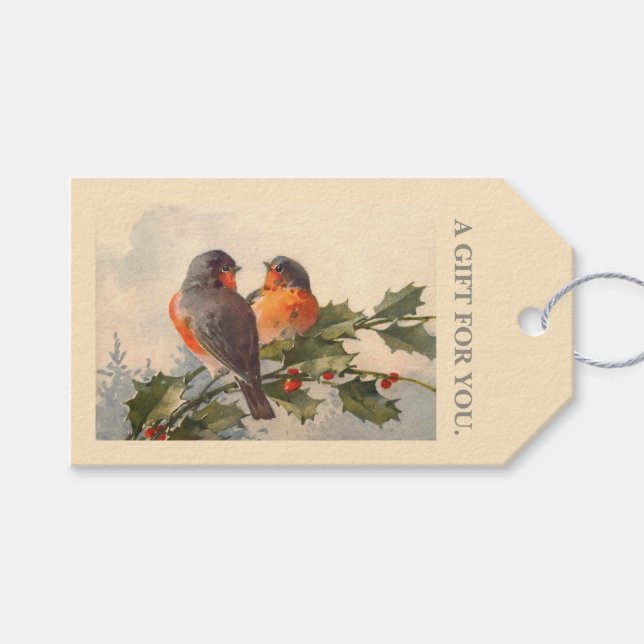 Birds on holly branch gift tags (Front (Horizontal))