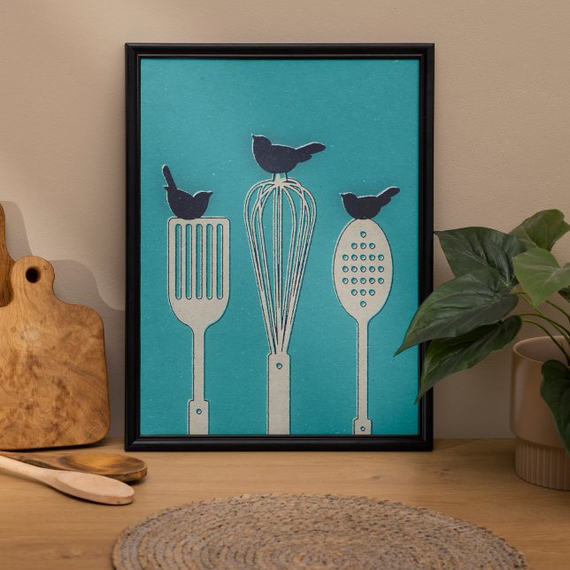 Birds On Kitchen Utensils Kitchen Themed Posters (Minimalist and retro themed birds on kitchen utensils wall art poster.)