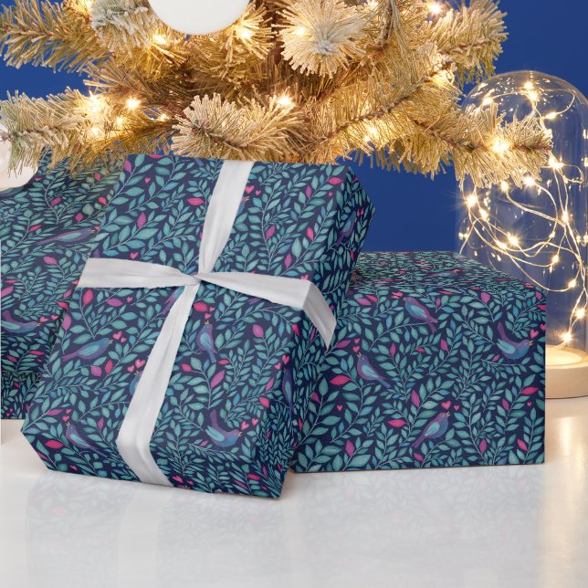 Birds on Navy Watercolour Effect Wrapping Paper (Holidays)