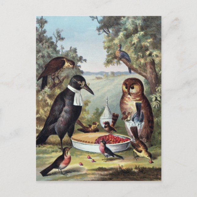 Birds on Picnic, Painting, Reproduction, Postcard (Front)