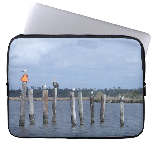 Birds on Posts in Lake Laptop Sleeve (Front)