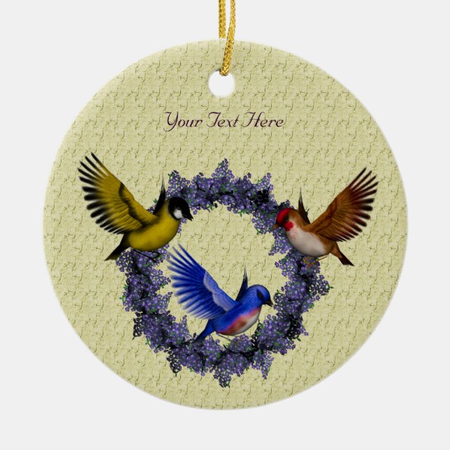Birds On Purple Floral Wreath Ornament (Front)