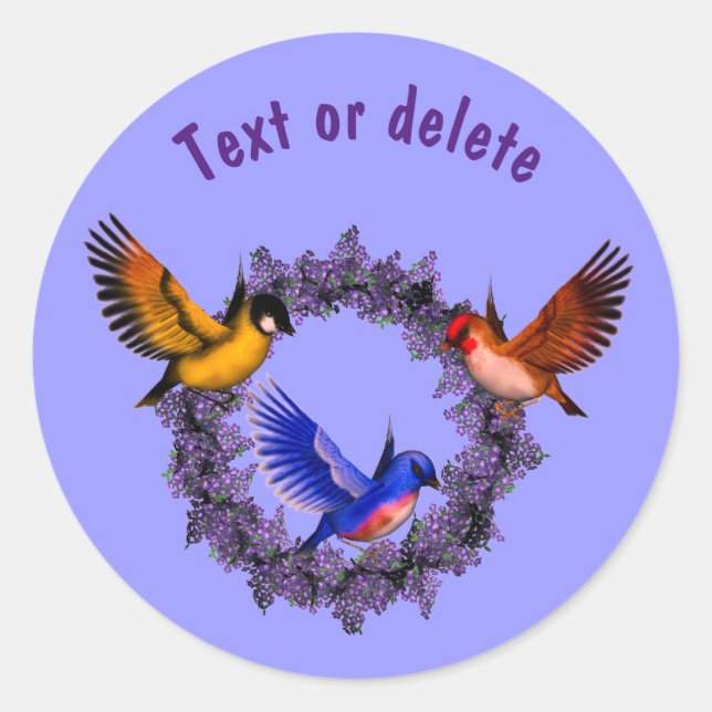 Birds On Purple Flower Wreath Personalised Classic Round Sticker (Front)